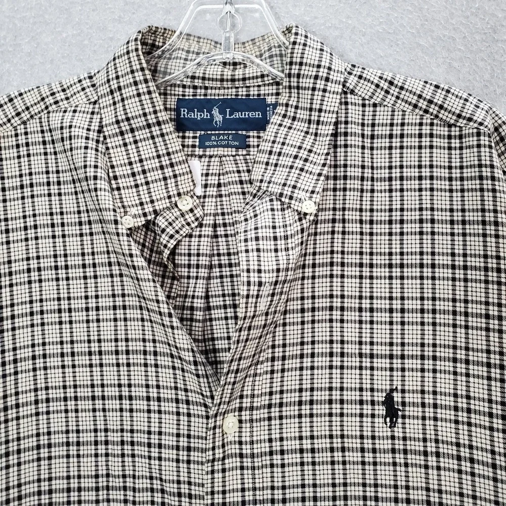 Ralph Lauren Men Button Up Shirt M Beige Plaid Blake Logo Embroidered Pony READ